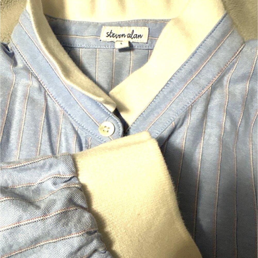 Steven Alan Mens Blue Pinstripe Button-Up Shirt White Ribbed Collar & Cuffs L - Picture 4 of 4